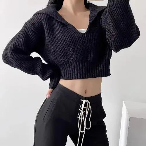 New Winter Women'S Cozy V-Neck Short Sleeve Pullover Soft Ribbed Texture Basic Long Sleeve Solid Knit Sweater Casual Womenswear luxecrown.co.uk