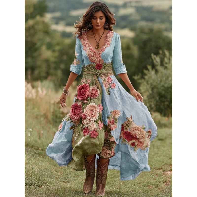 Polyester 3D Printed Plant Flower Retro Elegant V-Neck Long Skirt Women's Clothing