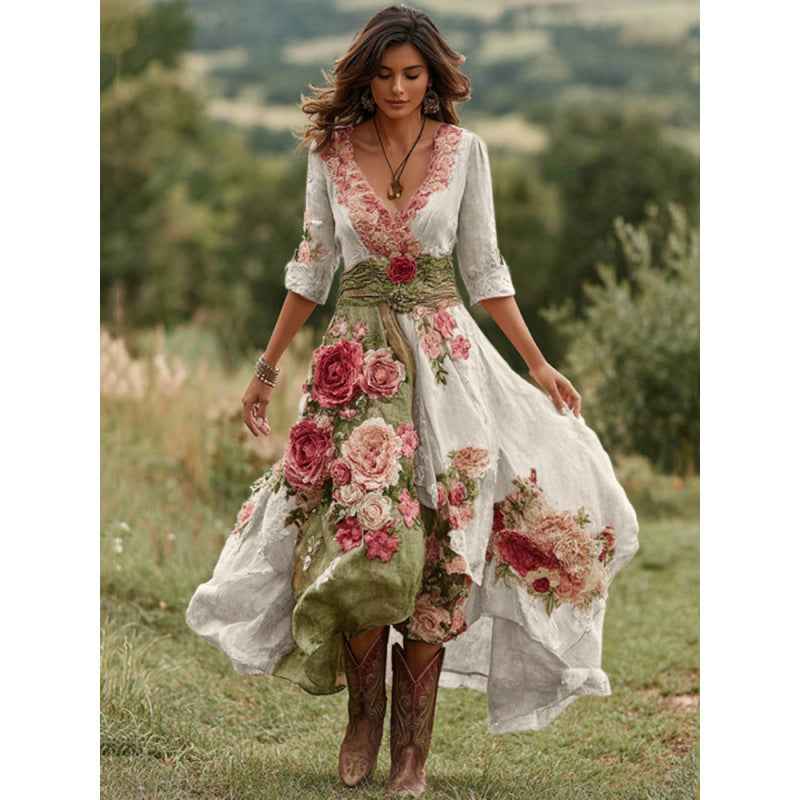 Polyester 3D Printed Plant Flower Retro Elegant V-Neck Long Skirt Women's Clothing