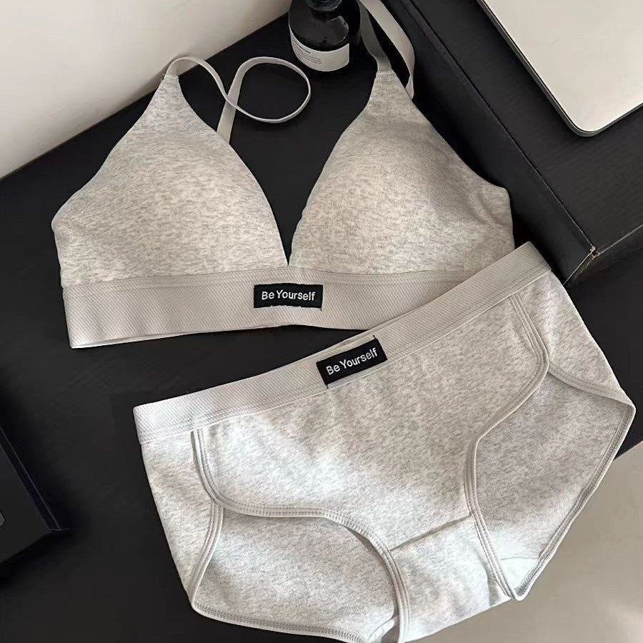 No Steel Ring Triangle Cup French Underwear Women's Big Chest Small Text Bra Suit 2024 New Explosions Autumn And Winter Thin