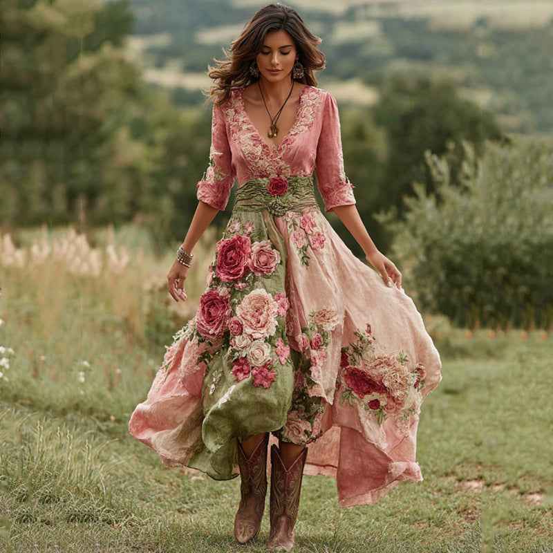 Polyester 3D Printed Plant Flower Retro Elegant V-Neck Long Skirt Women's Clothing