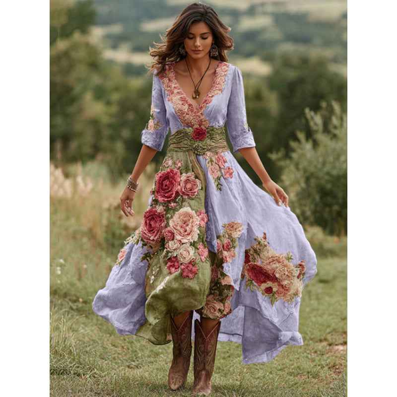 Polyester 3D Printed Plant Flower Retro Elegant V-Neck Long Skirt Women's Clothing