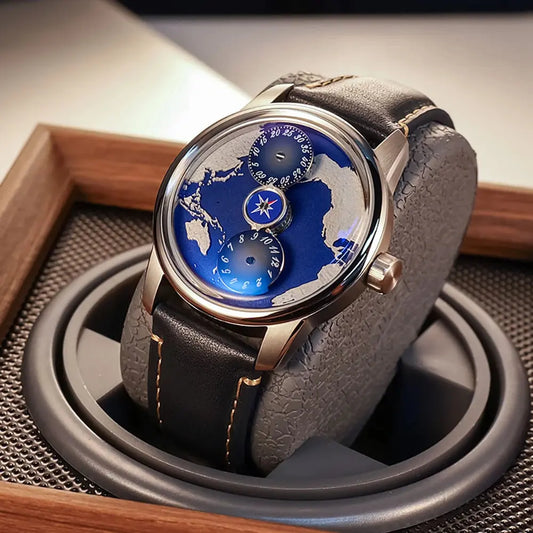 OBLVLO Top Luxury Earth DIal Transparent Automatic Movement Mens Watch Blue NIghtlight Leather Mechanical Watches Rejos JM-EARTH luxecrown.co.uk