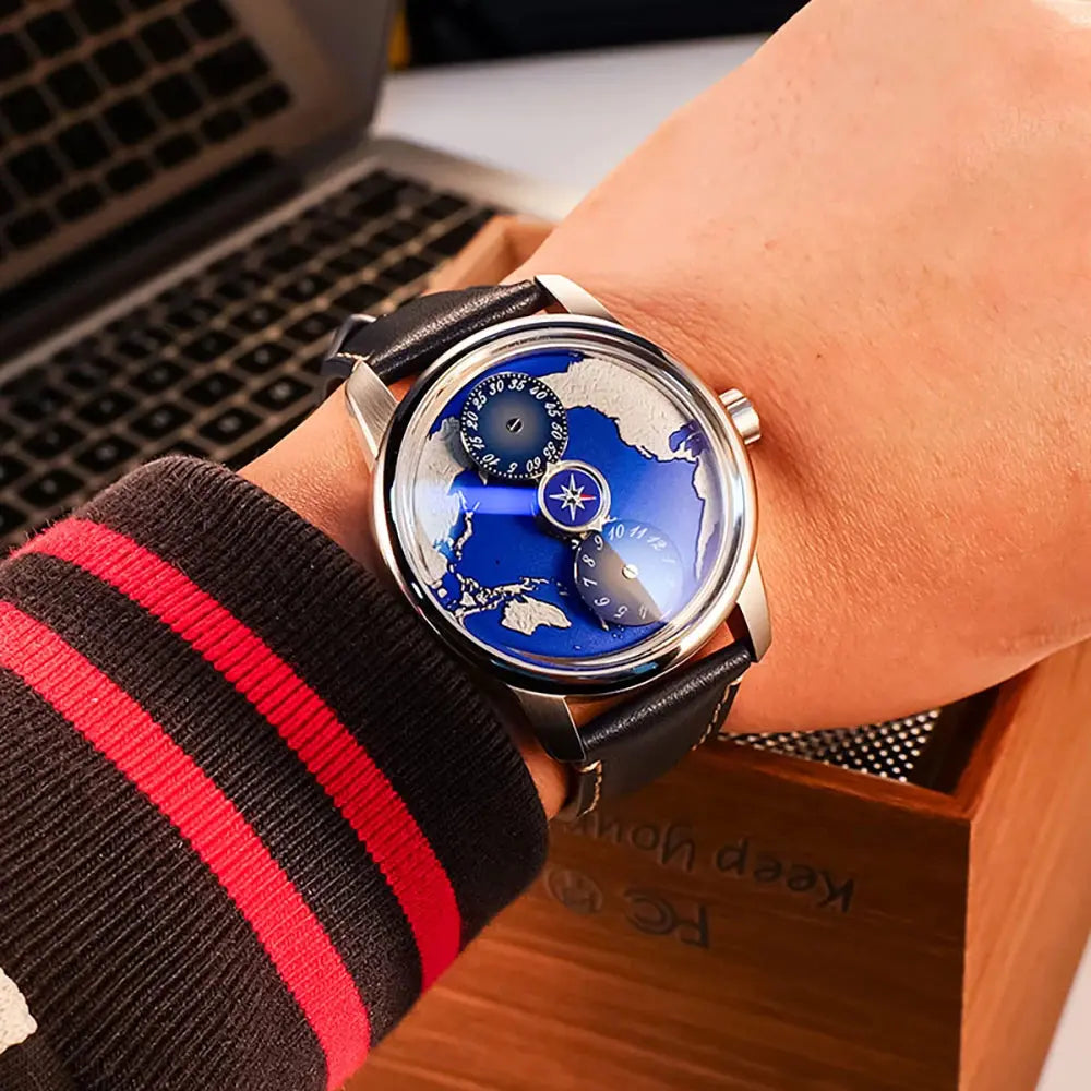 OBLVLO Top Luxury Earth DIal Transparent Automatic Movement Mens Watch Blue NIghtlight Leather Mechanical Watches Rejos JM-EARTH luxecrown.co.uk