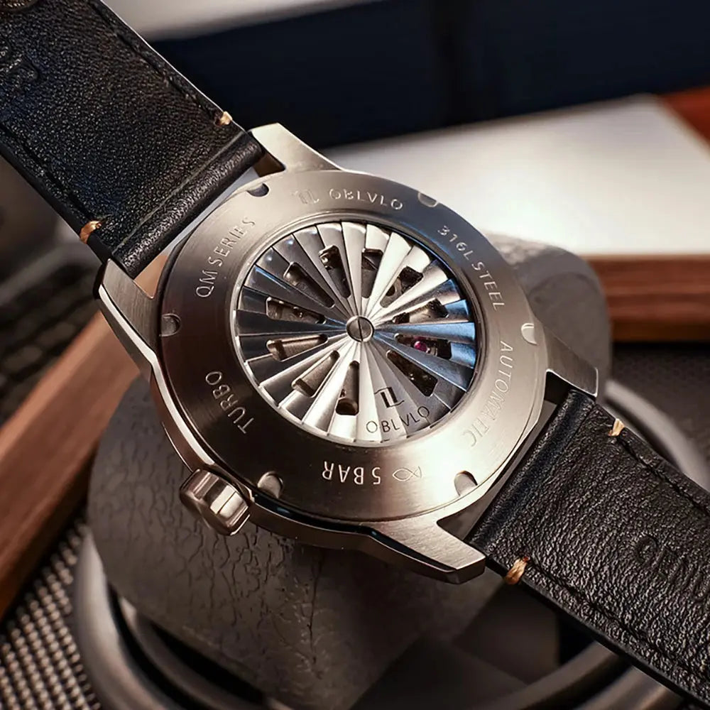 OBLVLO Top Luxury Earth DIal Transparent Automatic Movement Mens Watch Blue NIghtlight Leather Mechanical Watches Rejos JM-EARTH luxecrown.co.uk