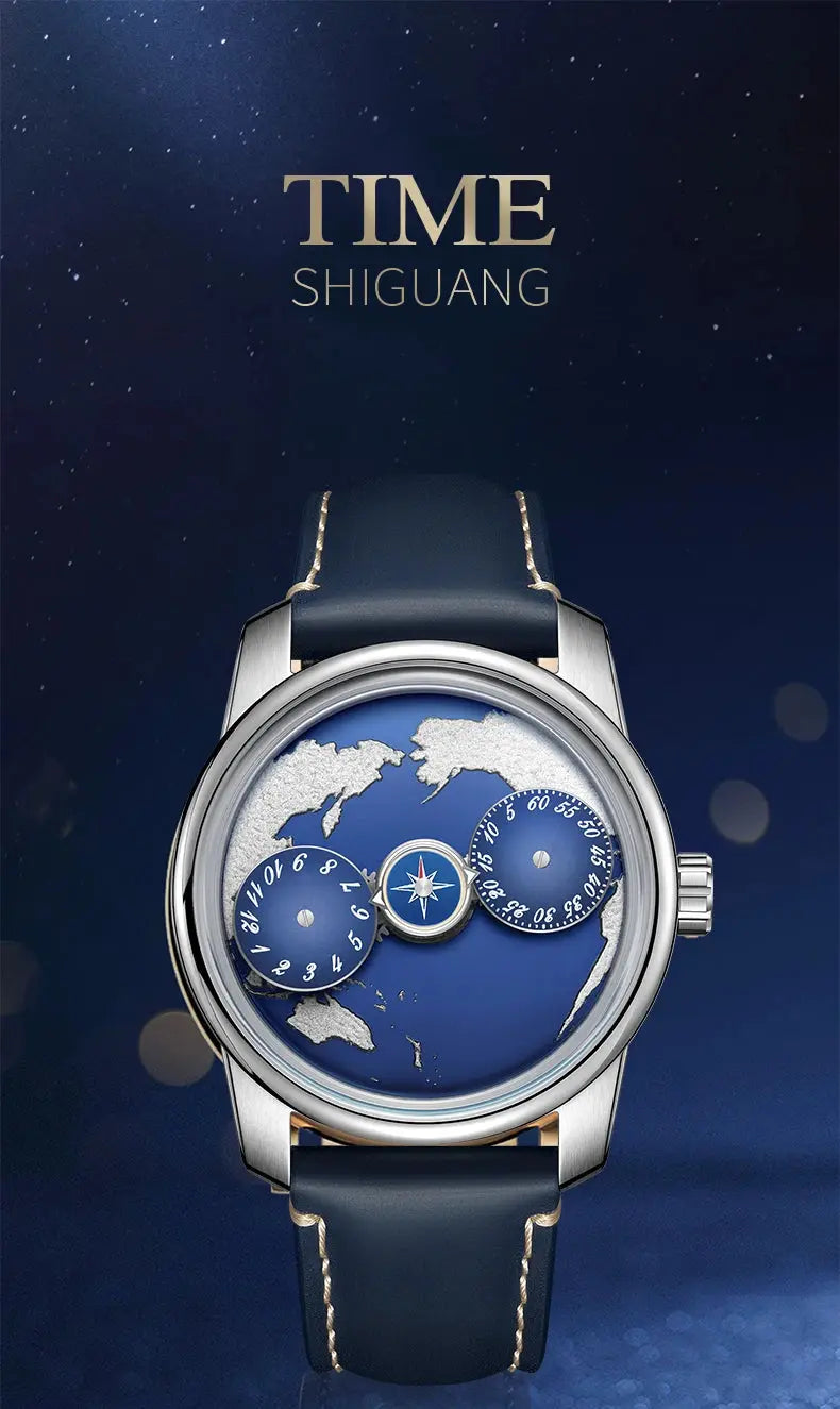 OBLVLO Top Luxury Earth DIal Transparent Automatic Movement Mens Watch Blue NIghtlight Leather Mechanical Watches Rejos JM-EARTH luxecrown.co.uk
