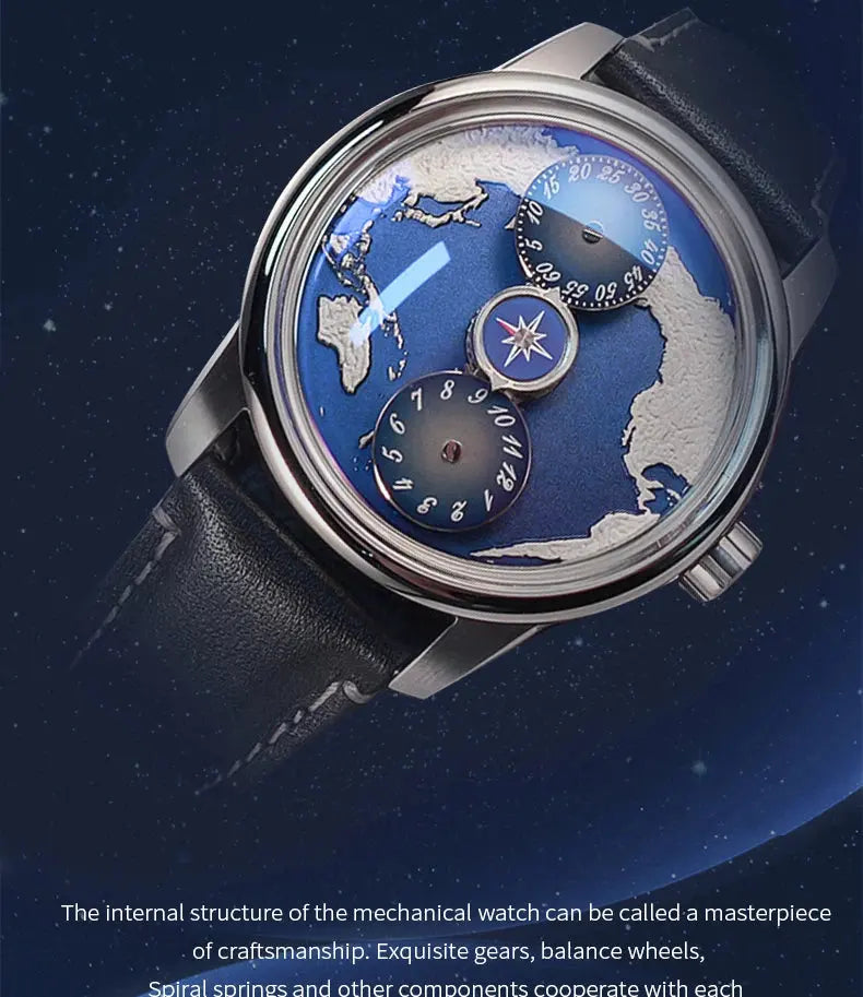 OBLVLO Top Luxury Earth DIal Transparent Automatic Movement Mens Watch Blue NIghtlight Leather Mechanical Watches Rejos JM-EARTH luxecrown.co.uk