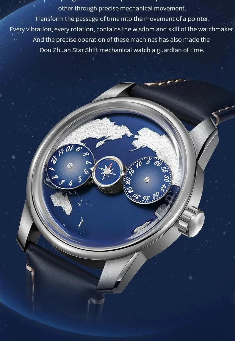 OBLVLO Top Luxury Earth DIal Transparent Automatic Movement Mens Watch Blue NIghtlight Leather Mechanical Watches Rejos JM-EARTH luxecrown.co.uk