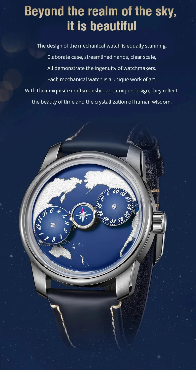 OBLVLO Top Luxury Earth DIal Transparent Automatic Movement Mens Watch Blue NIghtlight Leather Mechanical Watches Rejos JM-EARTH luxecrown.co.uk