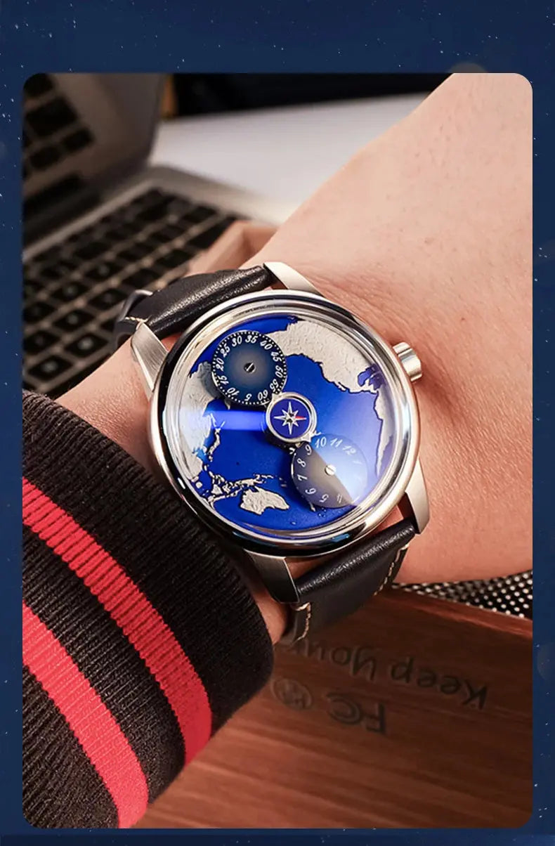 OBLVLO Top Luxury Earth DIal Transparent Automatic Movement Mens Watch Blue NIghtlight Leather Mechanical Watches Rejos JM-EARTH luxecrown.co.uk