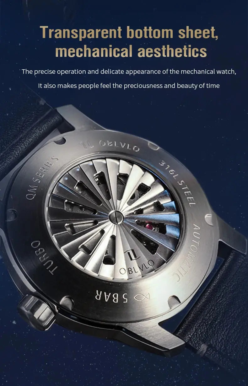 OBLVLO Top Luxury Earth DIal Transparent Automatic Movement Mens Watch Blue NIghtlight Leather Mechanical Watches Rejos JM-EARTH luxecrown.co.uk