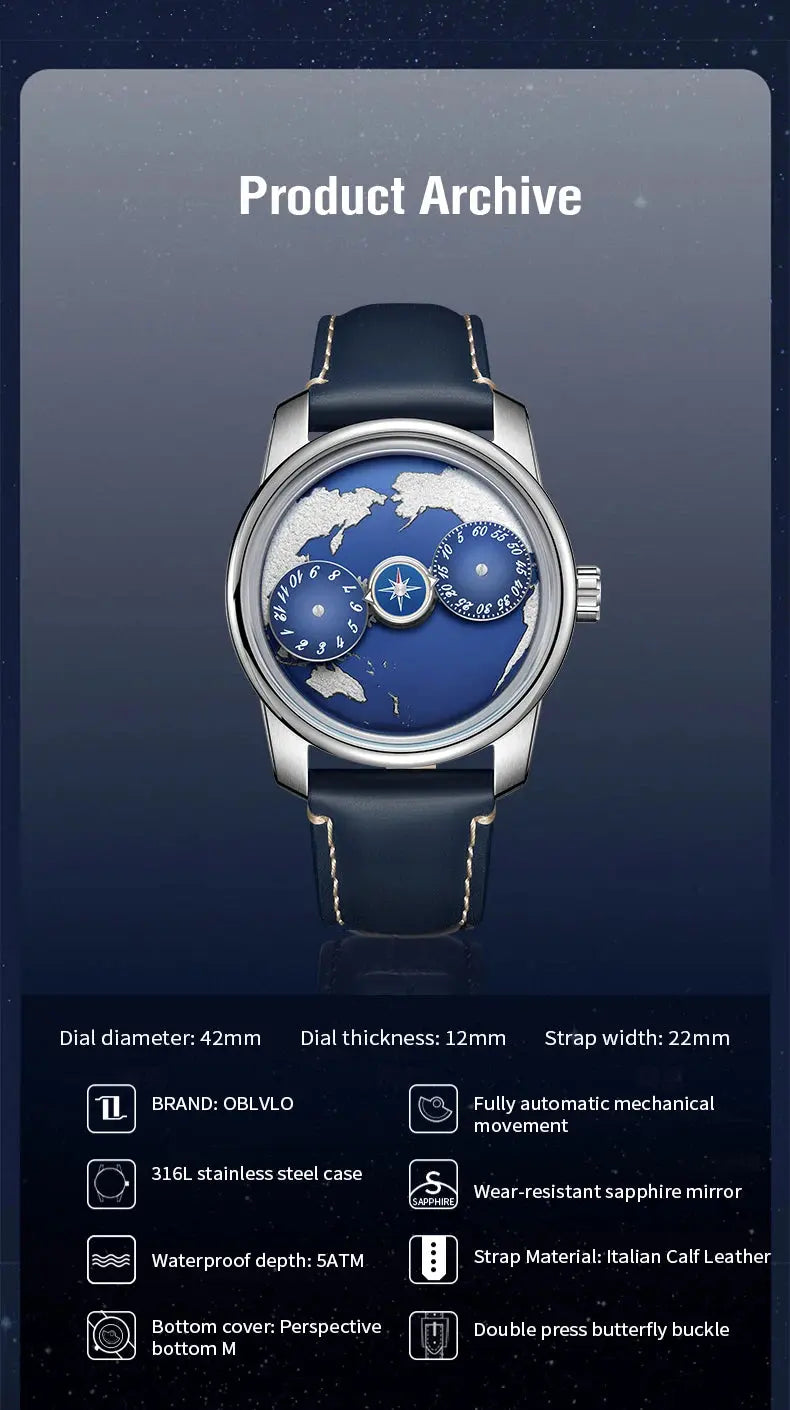 OBLVLO Top Luxury Earth DIal Transparent Automatic Movement Mens Watch Blue NIghtlight Leather Mechanical Watches Rejos JM-EARTH luxecrown.co.uk