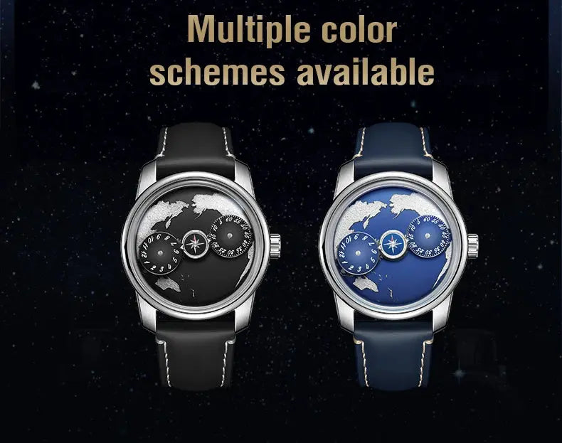 OBLVLO Top Luxury Earth DIal Transparent Automatic Movement Mens Watch Blue NIghtlight Leather Mechanical Watches Rejos JM-EARTH luxecrown.co.uk