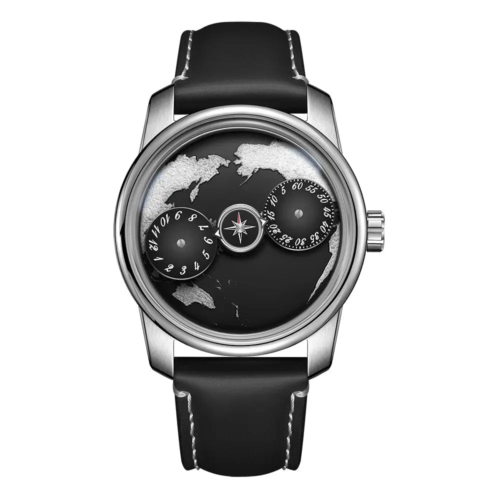 OBLVLO Top Luxury Earth DIal Transparent Automatic Movement Mens Watch Blue NIghtlight Leather Mechanical Watches Rejos JM-EARTH luxecrown.co.uk