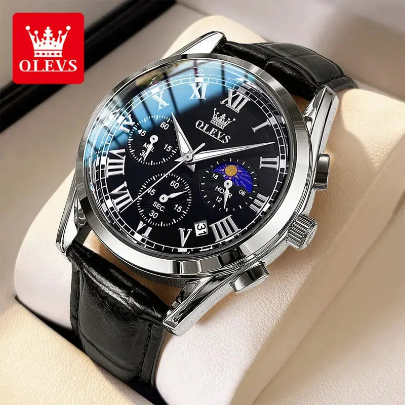 OLEVS 2871 Top Brand Men's Quartz Watch Noctilucent Business Waterproof Luxury Watch Leather Strap Moon Phase Relogio Masculino luxecrown.co.uk