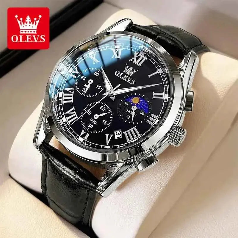 OLEVS 2871 Top Brand Men's Quartz Watch Noctilucent Business Waterproof Luxury Watch Leather Strap Moon Phase Relogio Masculino