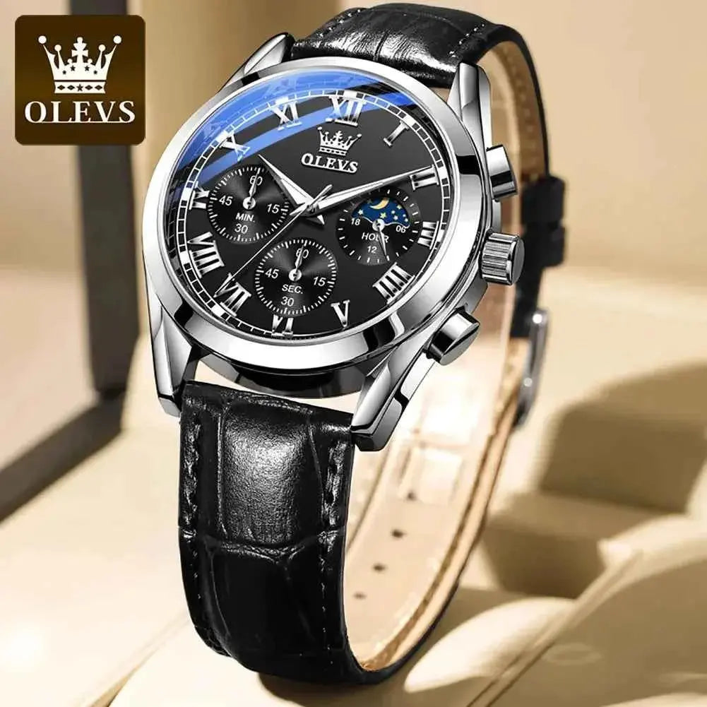 OLEVS 2871 Top Brand Men's Quartz Watch Noctilucent Business Waterproof Luxury Watch Leather Strap Moon Phase Relogio Masculino