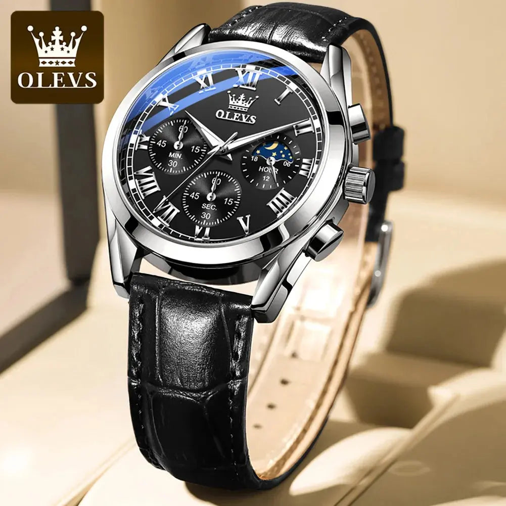 OLEVS 2871 Top Brand Men's Quartz Watch Noctilucent Business Waterproof Luxury Watch Leather Strap Moon Phase Relogio Masculino luxecrown.co.uk