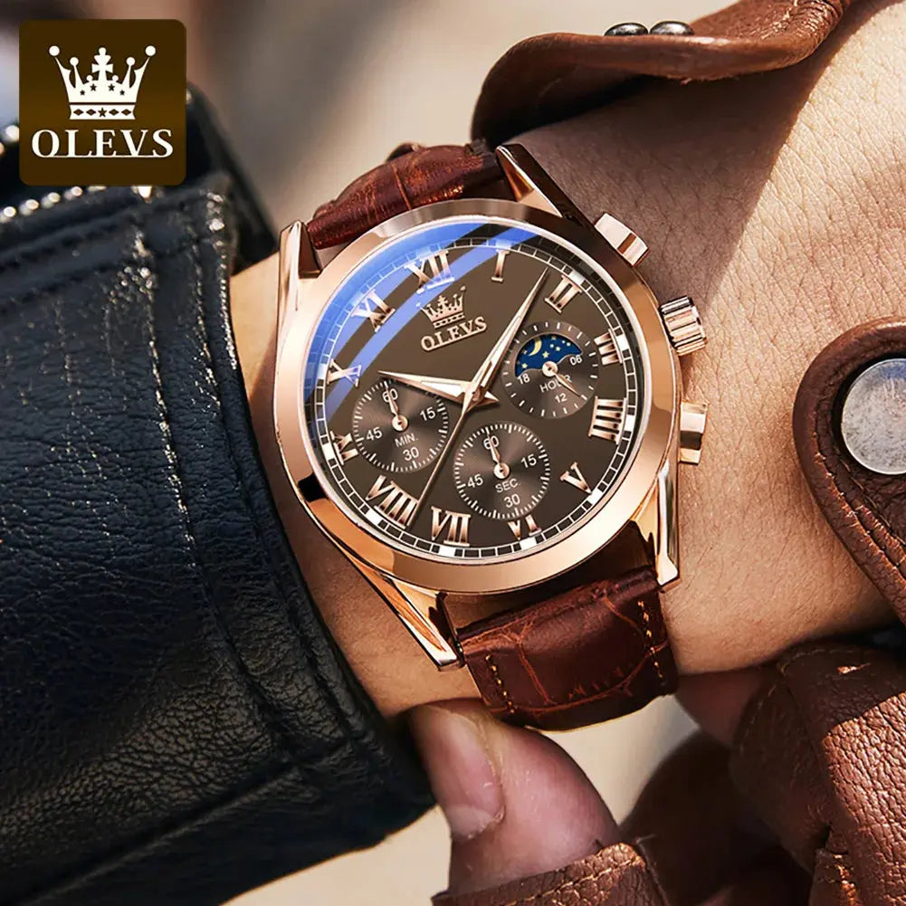 OLEVS 2871 Top Brand Men's Quartz Watch Noctilucent Business Waterproof Luxury Watch Leather Strap Moon Phase Relogio Masculino luxecrown.co.uk