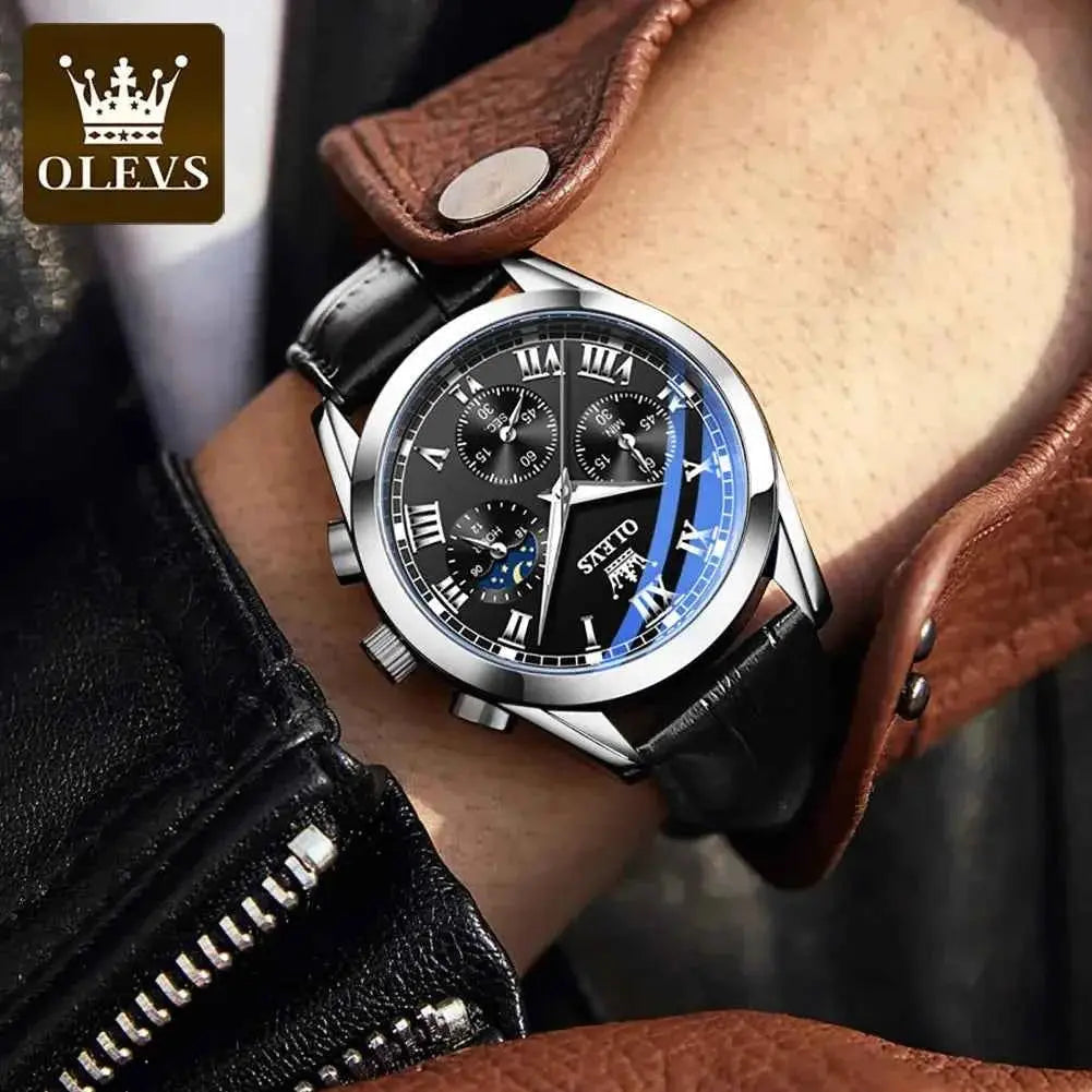 OLEVS 2871 Top Brand Men's Quartz Watch Noctilucent Business Waterproof Luxury Watch Leather Strap Moon Phase Relogio Masculino
