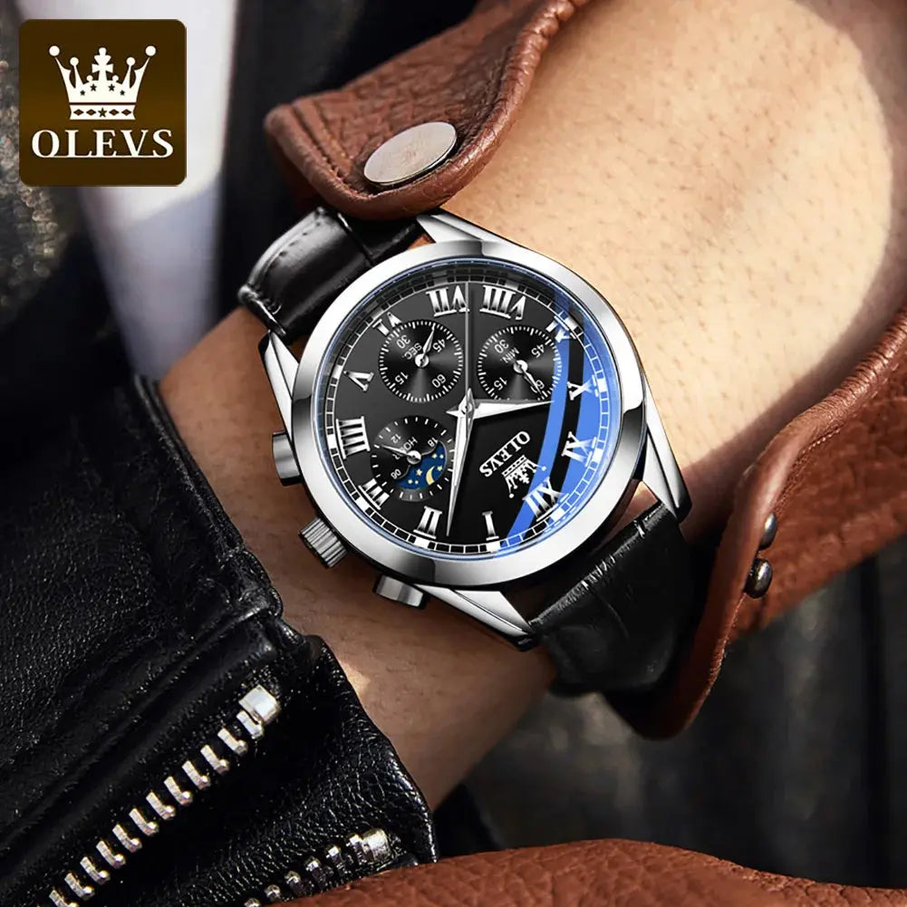 OLEVS 2871 Top Brand Men's Quartz Watch Noctilucent Business Waterproof Luxury Watch Leather Strap Moon Phase Relogio Masculino luxecrown.co.uk