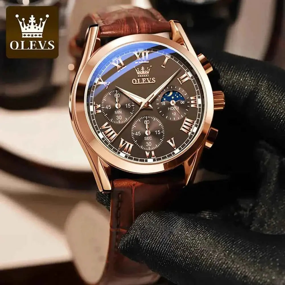 OLEVS 2871 Top Brand Men's Quartz Watch Noctilucent Business Waterproof Luxury Watch Leather Strap Moon Phase Relogio Masculino