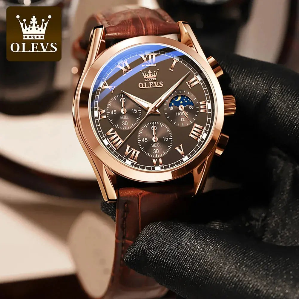 OLEVS 2871 Top Brand Men's Quartz Watch Noctilucent Business Waterproof Luxury Watch Leather Strap Moon Phase Relogio Masculino luxecrown.co.uk