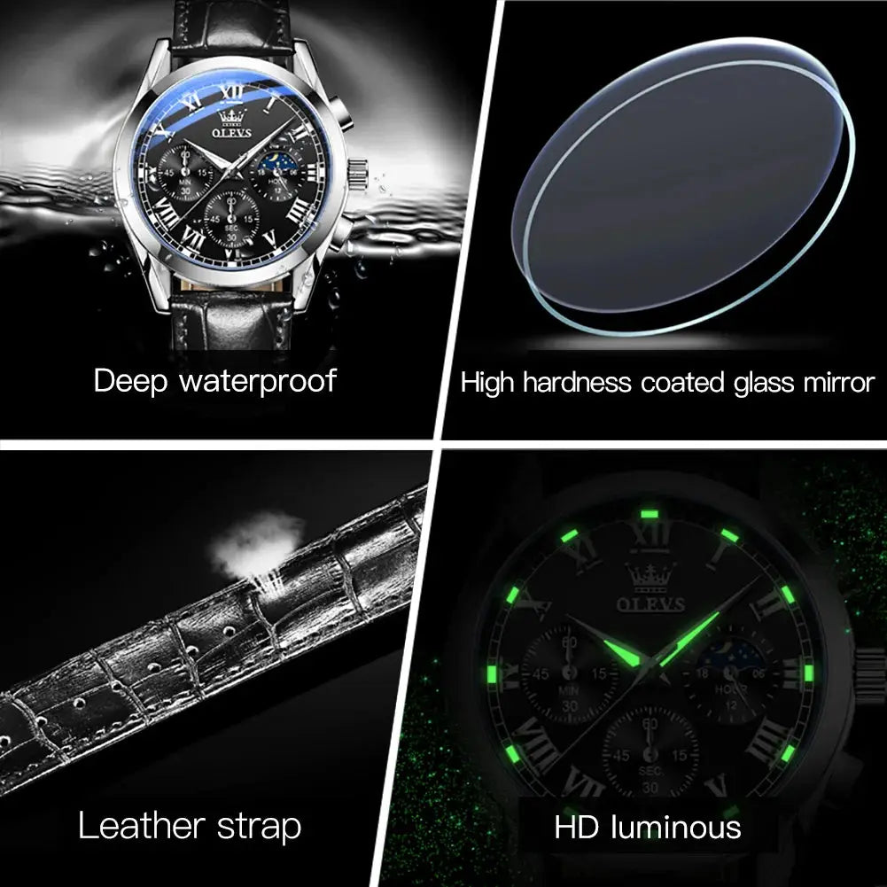 OLEVS 2871 Top Brand Men's Quartz Watch Noctilucent Business Waterproof Luxury Watch Leather Strap Moon Phase Relogio Masculino luxecrown.co.uk