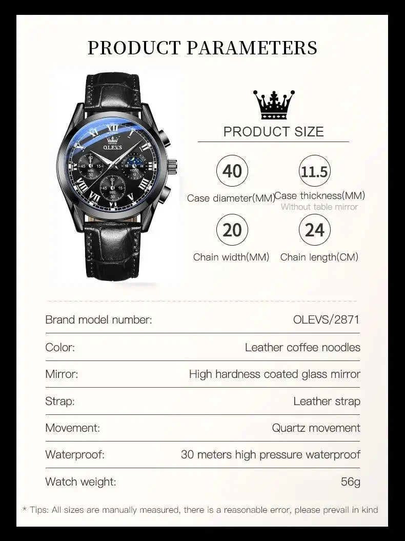 OLEVS 2871 Top Brand Men's Quartz Watch Noctilucent Business Waterproof Luxury Watch Leather Strap Moon Phase Relogio Masculino luxecrown.co.uk