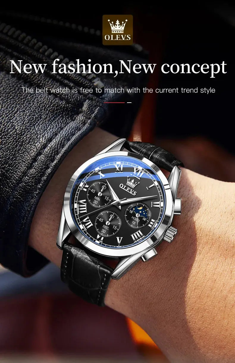 OLEVS 2871 Top Brand Men's Quartz Watch Noctilucent Business Waterproof Luxury Watch Leather Strap Moon Phase Relogio Masculino luxecrown.co.uk