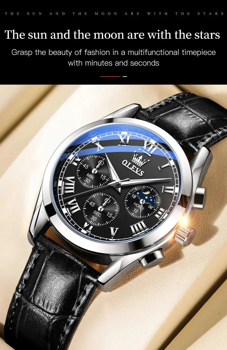 OLEVS 2871 Top Brand Men's Quartz Watch Noctilucent Business Waterproof Luxury Watch Leather Strap Moon Phase Relogio Masculino luxecrown.co.uk