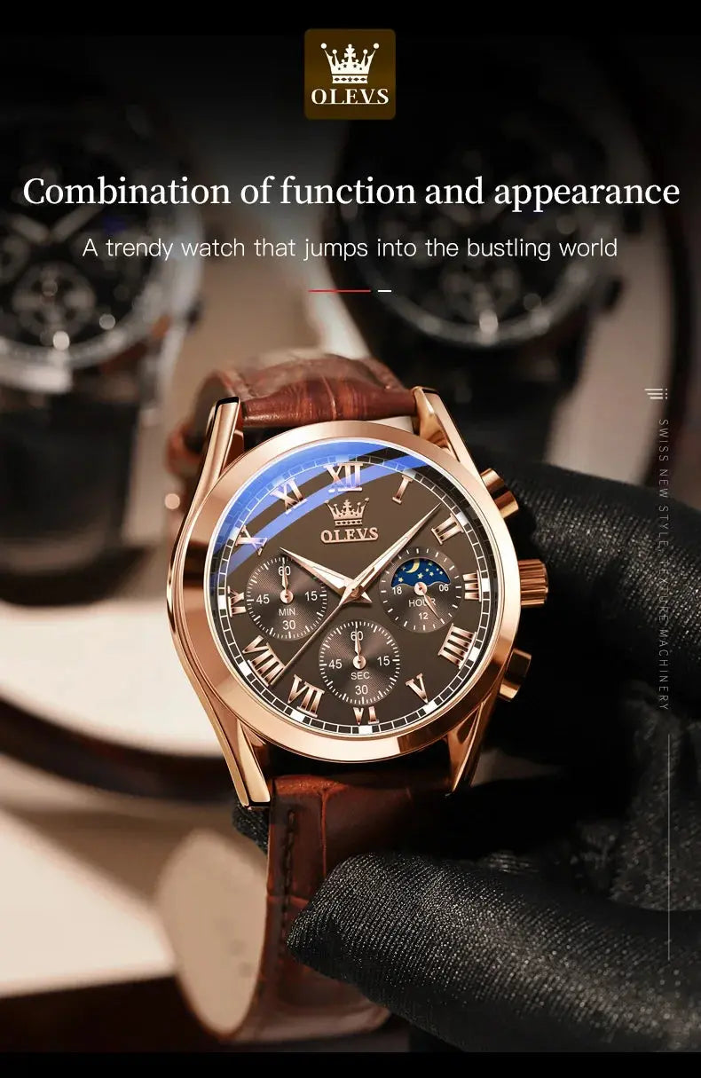 OLEVS 2871 Top Brand Men's Quartz Watch Noctilucent Business Waterproof Luxury Watch Leather Strap Moon Phase Relogio Masculino luxecrown.co.uk