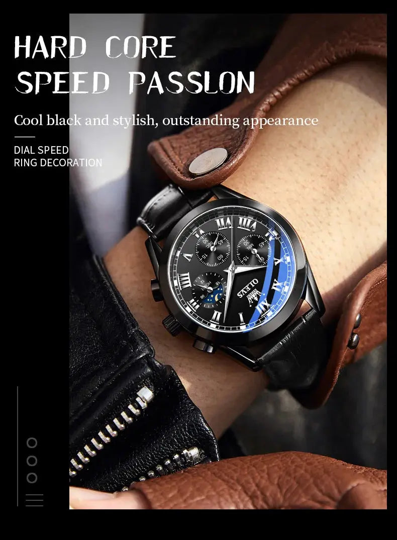 OLEVS 2871 Top Brand Men's Quartz Watch Noctilucent Business Waterproof Luxury Watch Leather Strap Moon Phase Relogio Masculino luxecrown.co.uk