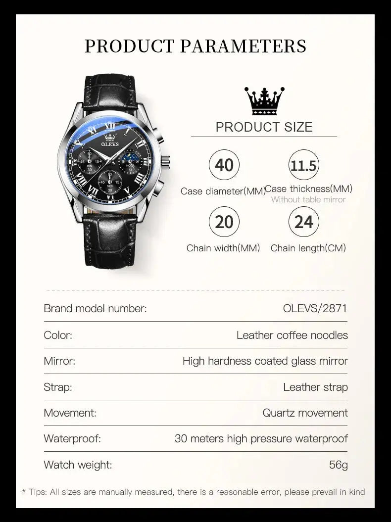 OLEVS 2871 Top Brand Men's Quartz Watch Noctilucent Business Waterproof Luxury Watch Leather Strap Moon Phase Relogio Masculino luxecrown.co.uk