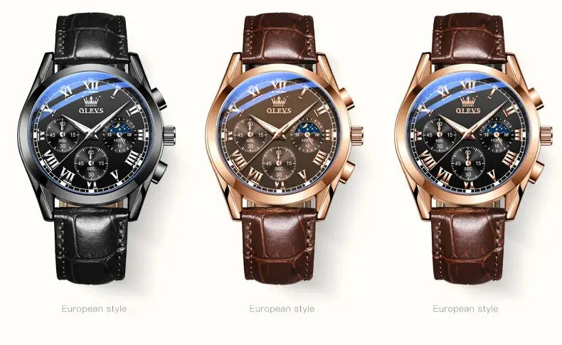 OLEVS 2871 Top Brand Men's Quartz Watch Noctilucent Business Waterproof Luxury Watch Leather Strap Moon Phase Relogio Masculino luxecrown.co.uk