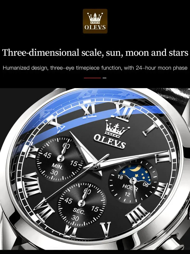 OLEVS 2871 Top Brand Men's Quartz Watch Noctilucent Business Waterproof Luxury Watch Leather Strap Moon Phase Relogio Masculino luxecrown.co.uk