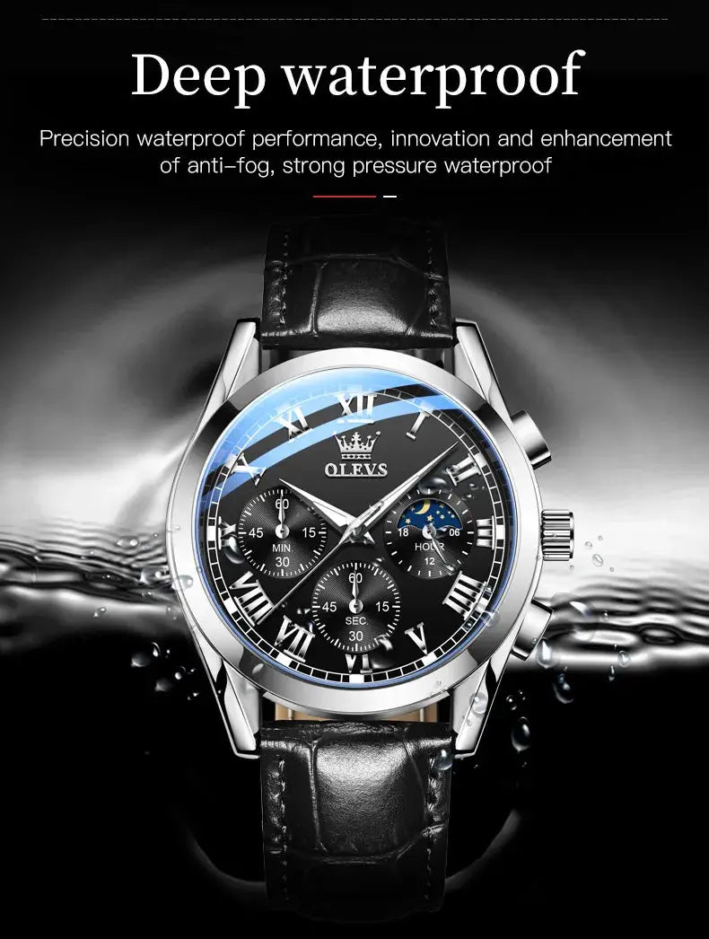 OLEVS 2871 Top Brand Men's Quartz Watch Noctilucent Business Waterproof Luxury Watch Leather Strap Moon Phase Relogio Masculino luxecrown.co.uk