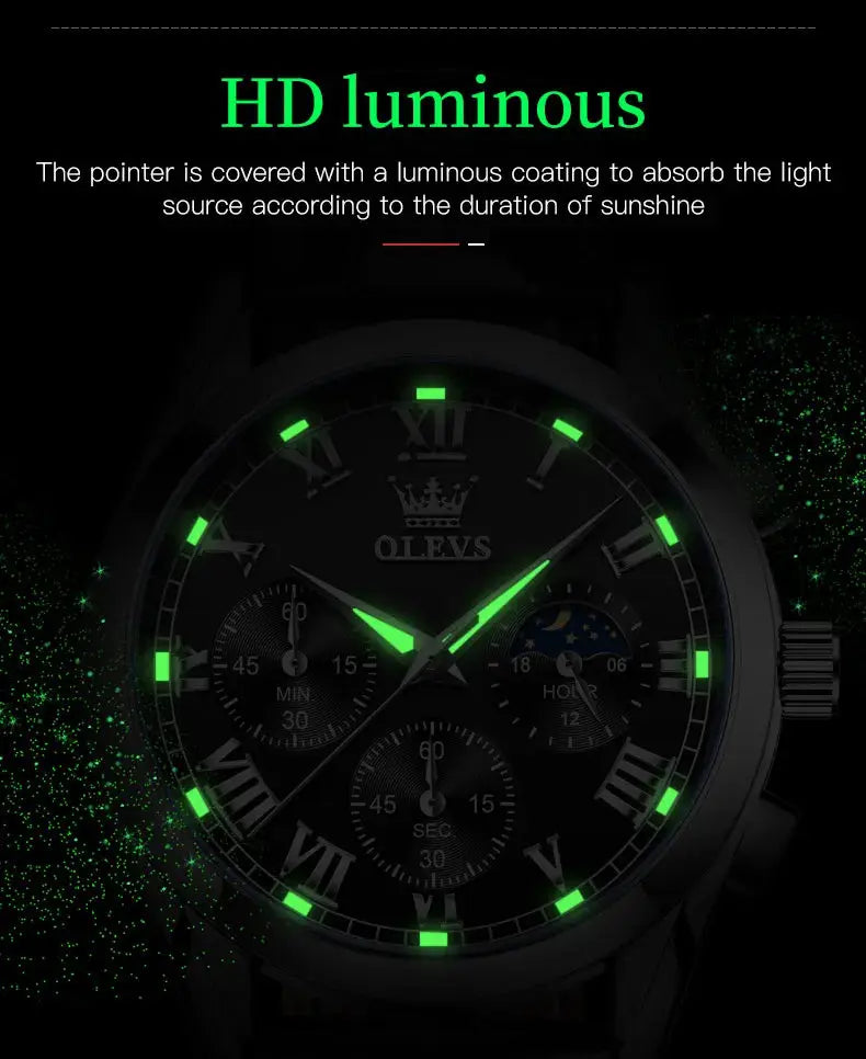 OLEVS 2871 Top Brand Men's Quartz Watch Noctilucent Business Waterproof Luxury Watch Leather Strap Moon Phase Relogio Masculino luxecrown.co.uk