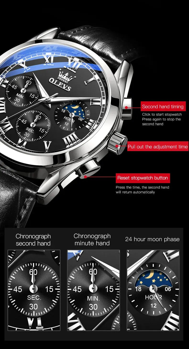 OLEVS 2871 Top Brand Men's Quartz Watch Noctilucent Business Waterproof Luxury Watch Leather Strap Moon Phase Relogio Masculino luxecrown.co.uk