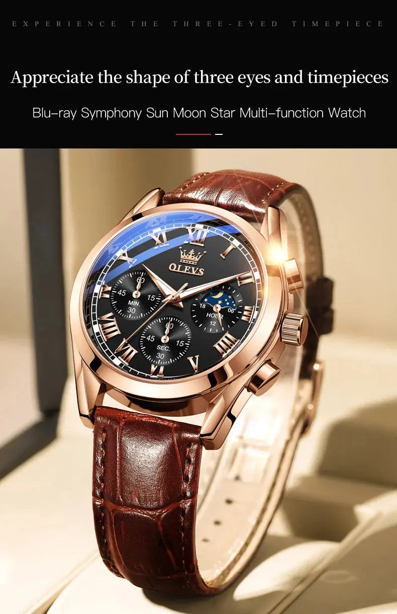 OLEVS 2871 Top Brand Men's Quartz Watch Noctilucent Business Waterproof Luxury Watch Leather Strap Moon Phase Relogio Masculino luxecrown.co.uk