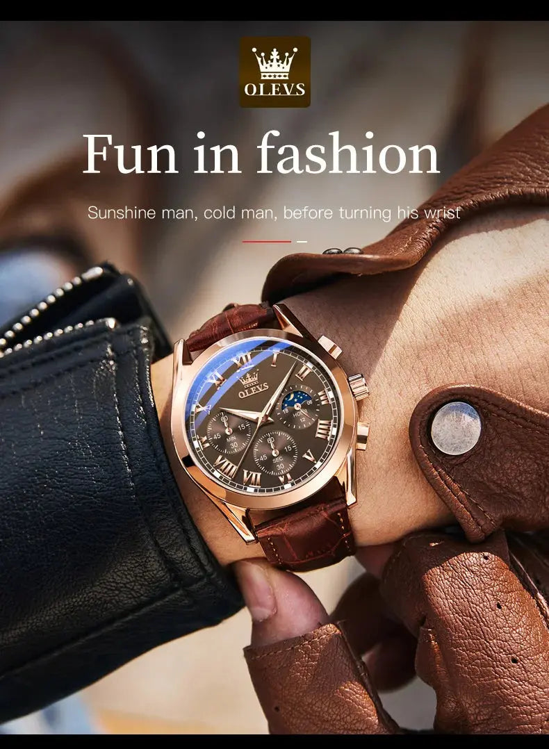 OLEVS 2871 Top Brand Men's Quartz Watch Noctilucent Business Waterproof Luxury Watch Leather Strap Moon Phase Relogio Masculino luxecrown.co.uk