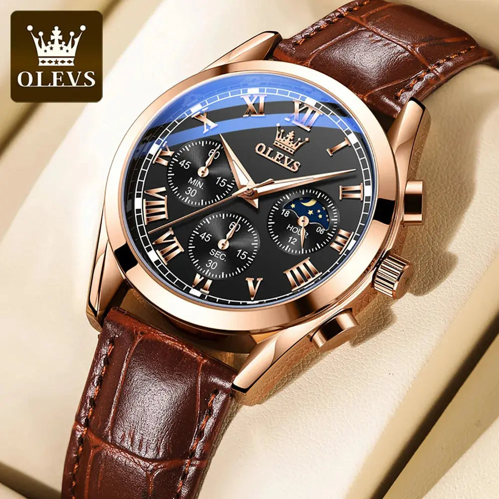 OLEVS 2871 Top Brand Men's Quartz Watch Noctilucent Business Waterproof Luxury Watch Leather Strap Moon Phase Relogio Masculino luxecrown.co.uk