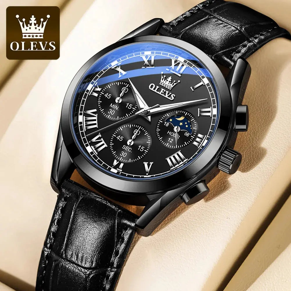 OLEVS 2871 Top Brand Men's Quartz Watch Noctilucent Business Waterproof Luxury Watch Leather Strap Moon Phase Relogio Masculino luxecrown.co.uk