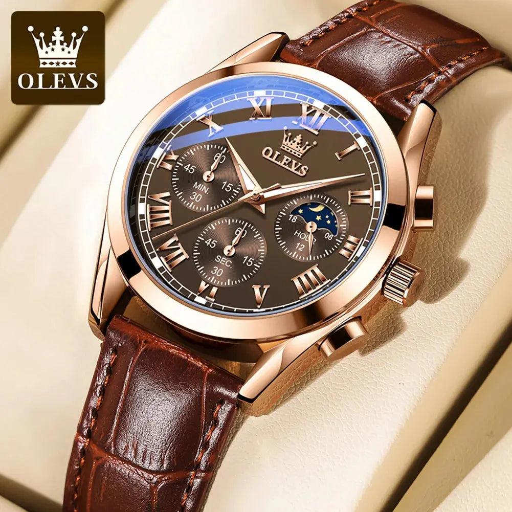 OLEVS 2871 Top Brand Men's Quartz Watch Noctilucent Business Waterproof Luxury Watch Leather Strap Moon Phase Relogio Masculino luxecrown.co.uk