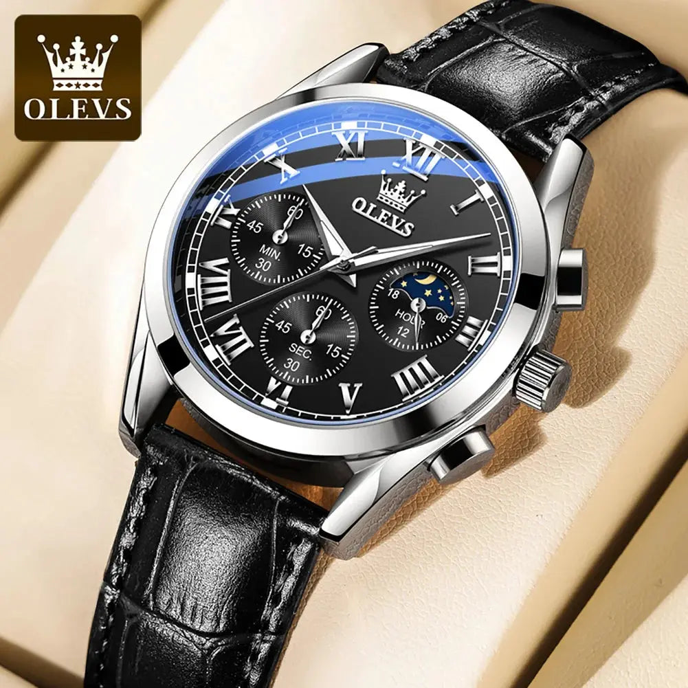 OLEVS 2871 Top Brand Men's Quartz Watch Noctilucent Business Waterproof Luxury Watch Leather Strap Moon Phase Relogio Masculino luxecrown.co.uk