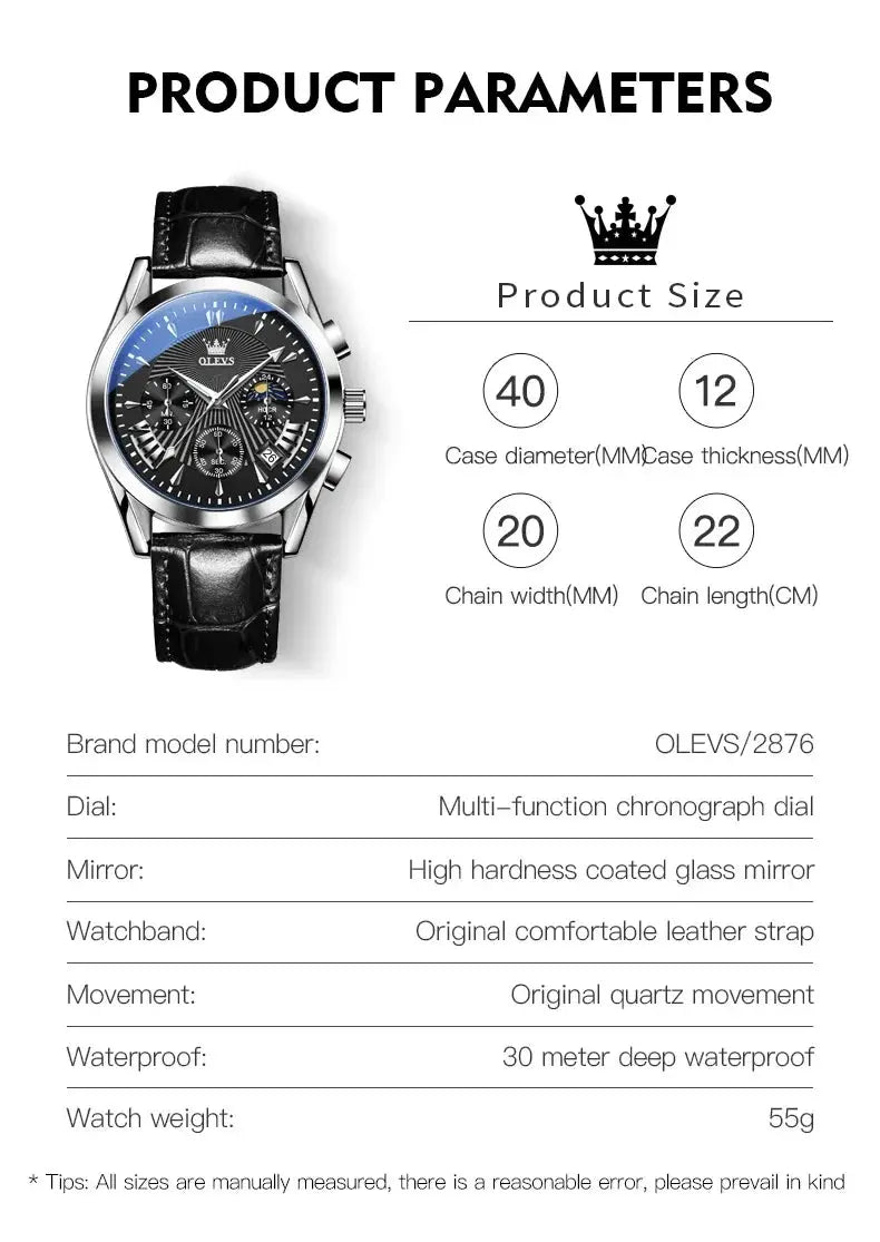 OLEVS 2876 Luxury Quartz Watches for Men Waterproof Chrono Moon Phase Auto Date Original Sports Men's Wristwatches Reloj Hombre luxecrown.co.uk
