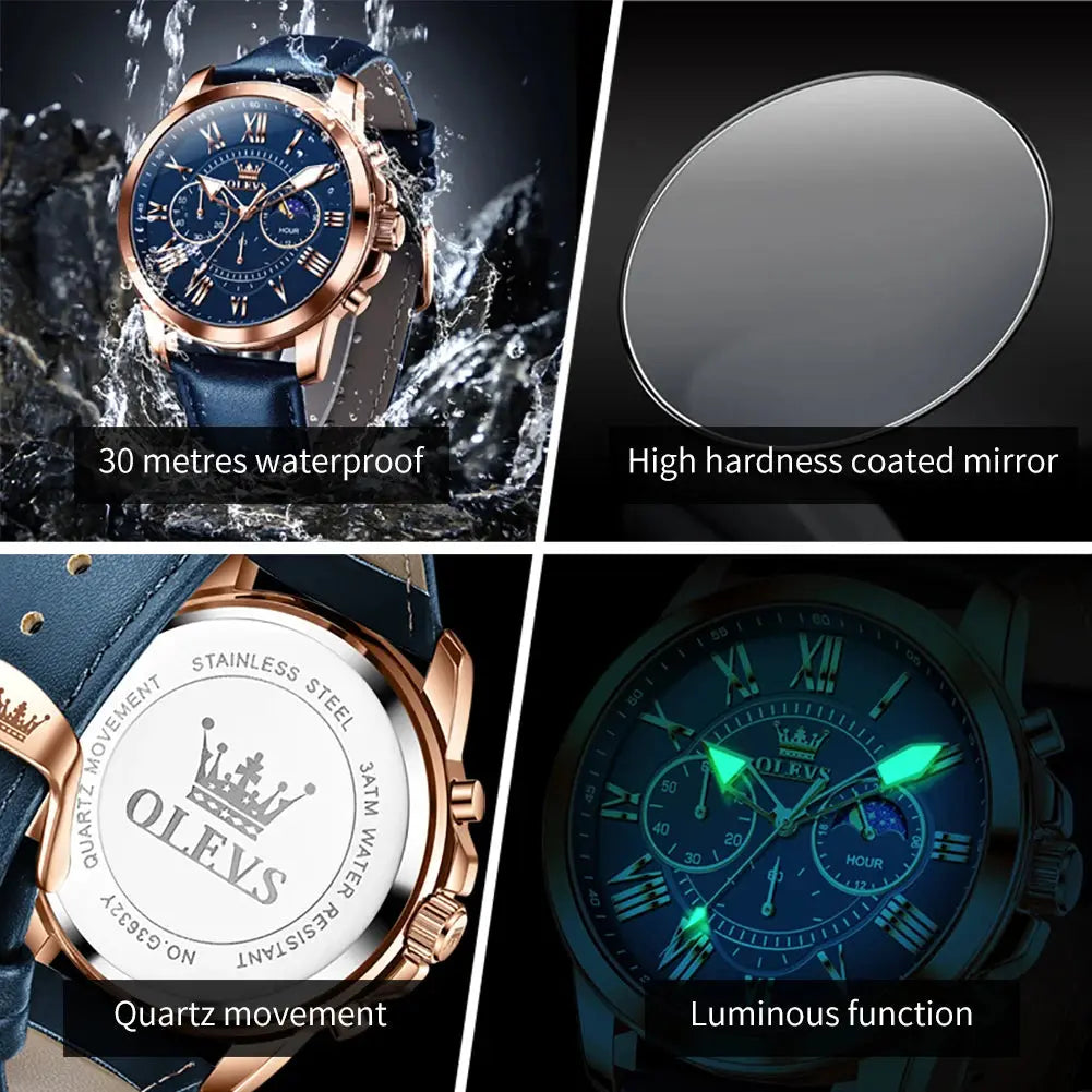 OLEVS 3632 Men Watch Elegant Luxury Sport Quartz Watch Scale Waterproof Luminous Automatic Date Moon Belt Watch Gifts Original luxecrown.co.uk