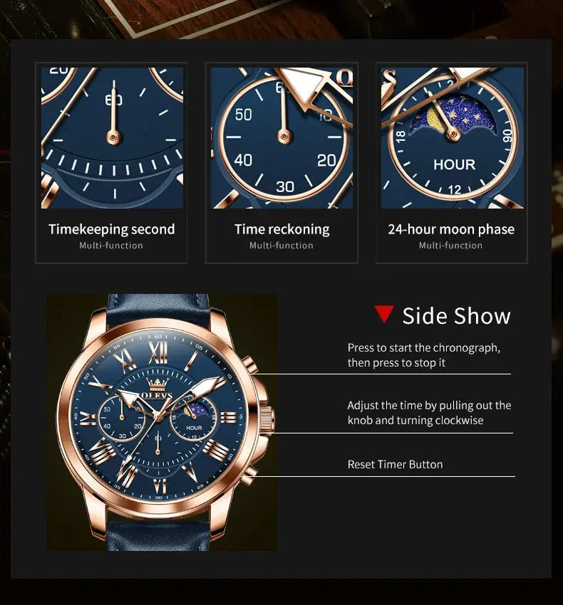 OLEVS 3632 Men Watch Elegant Luxury Sport Quartz Watch Scale Waterproof Luminous Automatic Date Moon Belt Watch Gifts Original luxecrown.co.uk