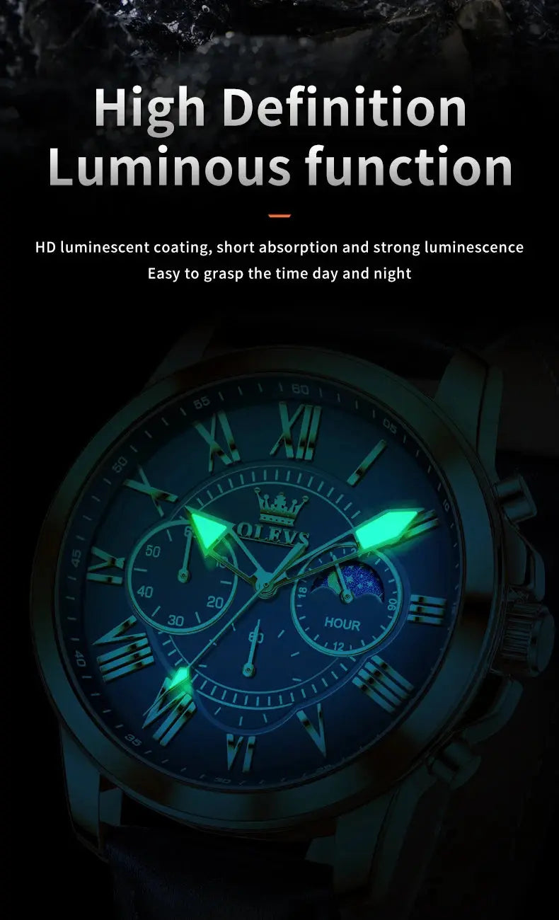 OLEVS 3632 Men Watch Elegant Luxury Sport Quartz Watch Scale Waterproof Luminous Automatic Date Moon Belt Watch Gifts Original luxecrown.co.uk
