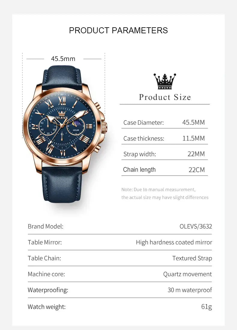 OLEVS 3632 Men Watch Elegant Luxury Sport Quartz Watch Scale Waterproof Luminous Automatic Date Moon Belt Watch Gifts Original luxecrown.co.uk